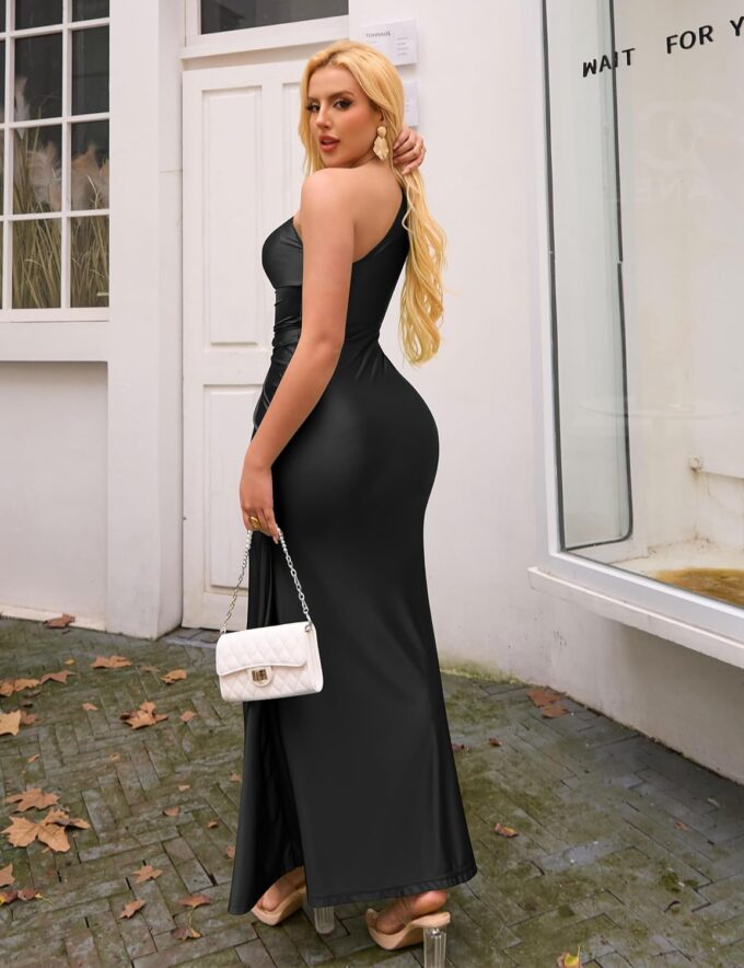 YMDUCH Women's Elegant One Shoulder Sleeveless Twist Waist Bodycon Party Long Dress – Bild 2