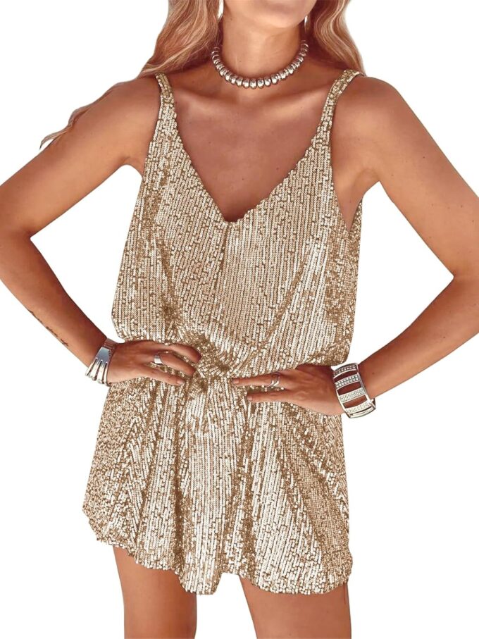 Women Sequin Sexy V Neck Shift Dress Sparkly Glitter Sleeveless Short Flowy Loose Party Night Out Club Dress