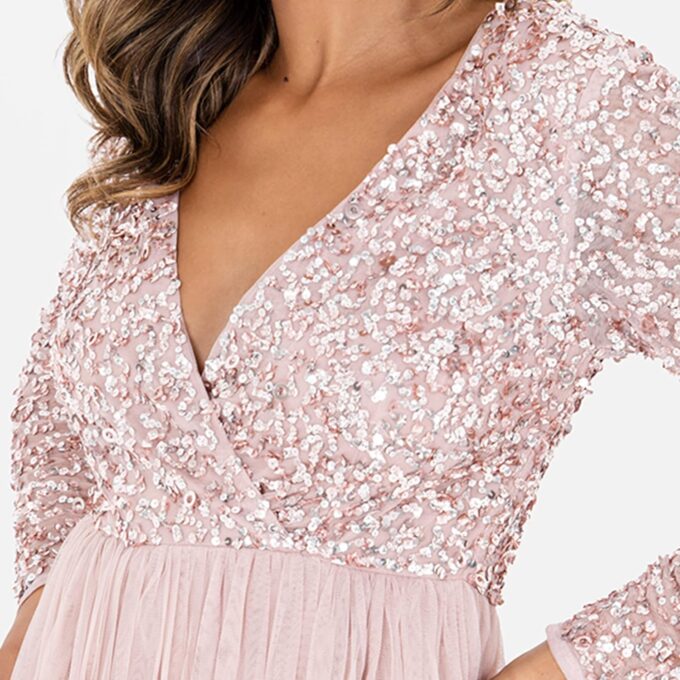 Maya Deluxe Damen Midi Elegant Hochzeit Ärmel Tiefer V Ausschnitt Pailletten Cocktailkleid Abschlussball Brautjungfernkleid Bridesmaid Dress – Bild 4