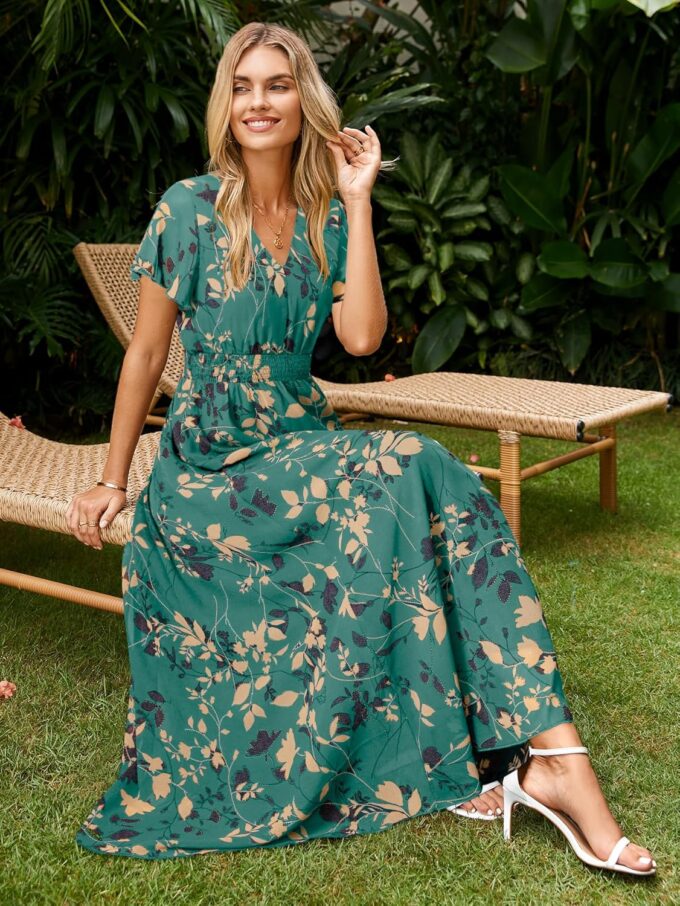 Simplee Womens Floral Maxi Dress - Short Sleeve Summer Boho Wedding Guest Dress Empire Waist Chiffon Modest Midi Dresses – Bild 2