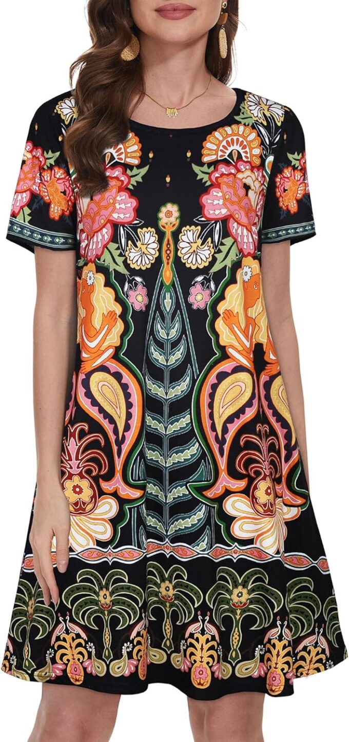 Summer Dresses for Women Casual Tshirt Short Sleeve Floral Sundress Beach Cover Ups with Pockets – Bild 3