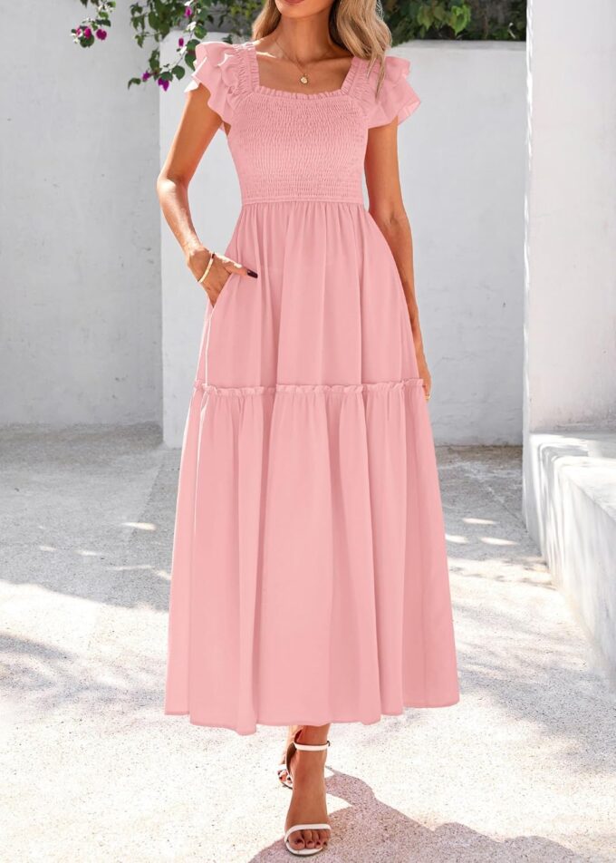 KIRUNDO Womens Summer Wedding Guest Dress 2025 Smocked Ruffle Flutter Short Sleeve Square Neck Flowy Tiered Midi Sundress – Bild 3