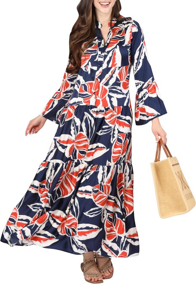 KOH KOH Damen Maxikleid 2025, langärmelig, Taschen, Sommer, lässig, Blumenmuster, fließend, Strandkleid