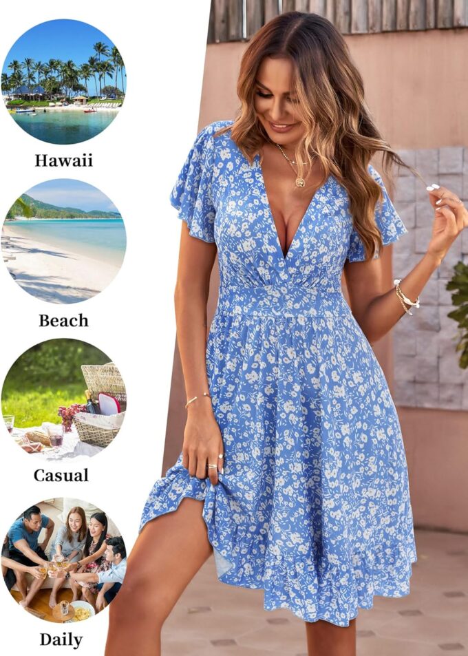 TORARY Womens Summer Dresses 2025 Floral Cap Sleeve Wrap V Neck Ruffle A-Line Sun Dress – Bild 5