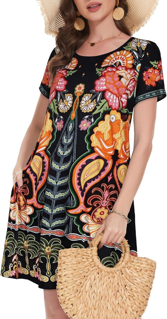 Summer Dresses for Women Casual Tshirt Short Sleeve Floral Sundress Beach Cover Ups with Pockets – Bild 2