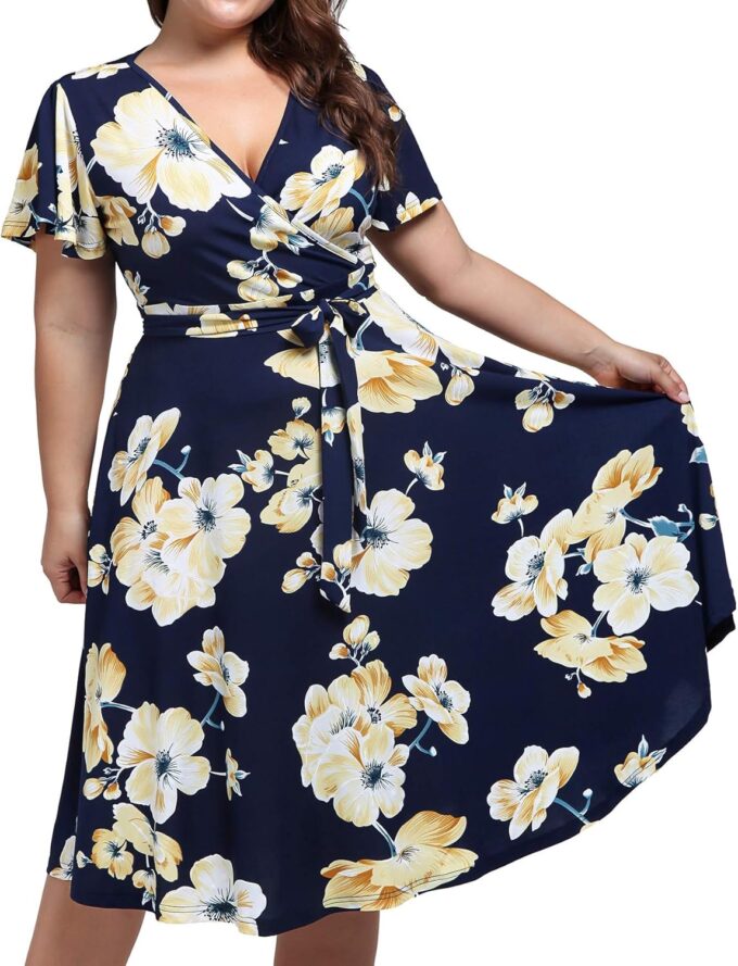 kissmay Plus Size Womens V Neck Floral Cocktail Party Midi Dresses with Pocket – Bild 3