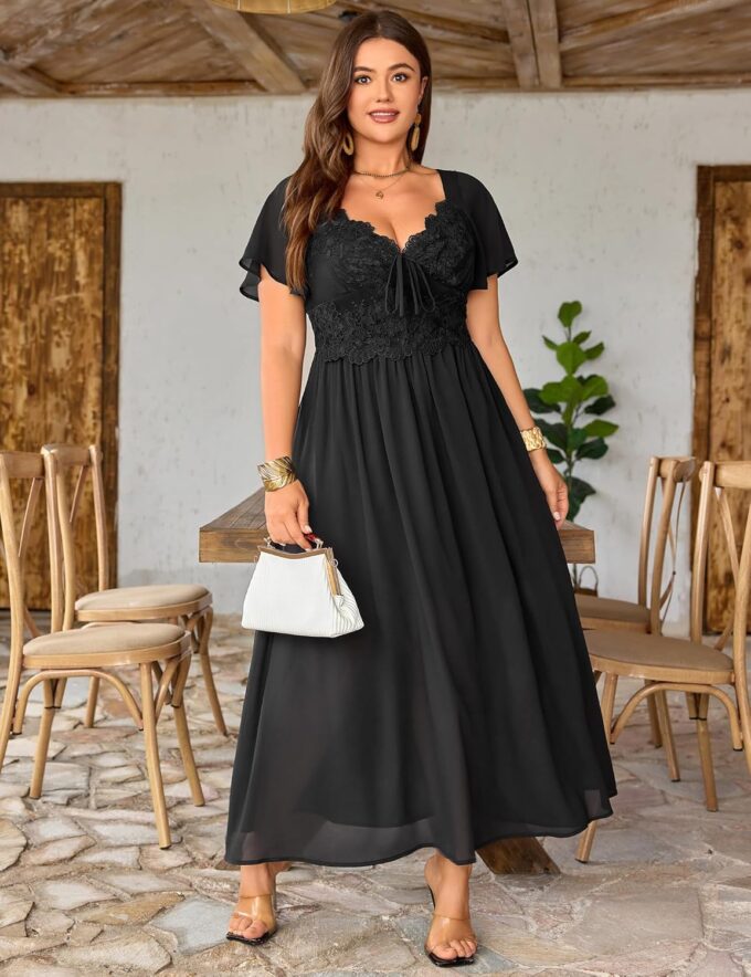 Women's Plus Size Lace Maxi Dress Short Sleeve V Neck Flowy Empire Waist Smocked Back Wedding Guest Dress – Bild 3