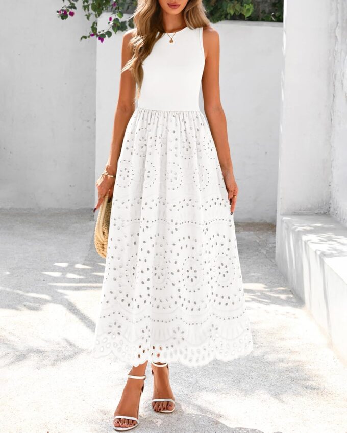dowerme Women Summer Dresses 2025 Casual Sleeveless Crewneck A-Line Boho Lace Eyelet Cotton Tank Maxi Dress with Pockets – Bild 3