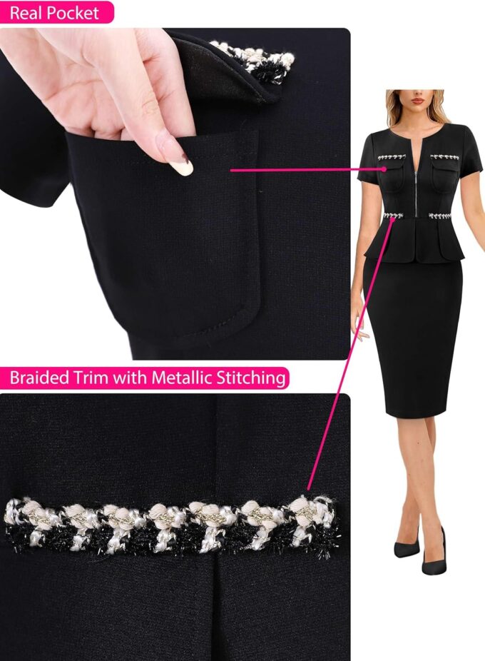 VFSHOW Damen-Kleid mit Schößchen, Rundhalsausschnitt, Fronttaschen mit Reißverschluss, figurbetontes Kleid – Bild 6