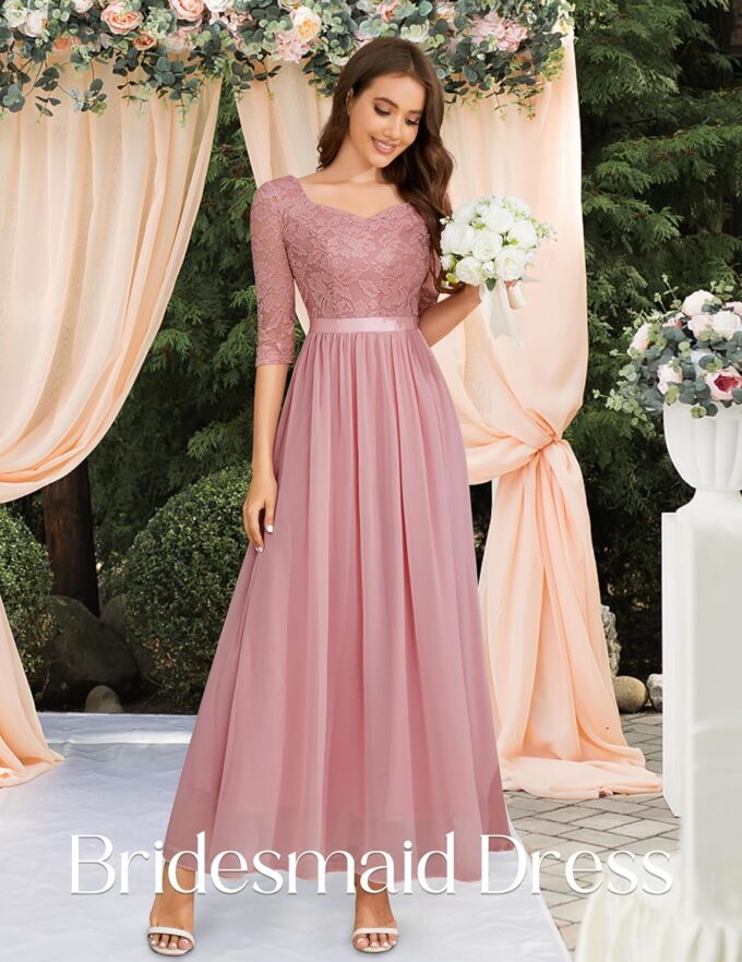 Wedtrend Abendkleid Elegant für Hochzeit A Linie Cocktailkleid Damen Lang Chiffon Abschlusskleid V-Ausschnitt Spitzenkleid – Bild 4