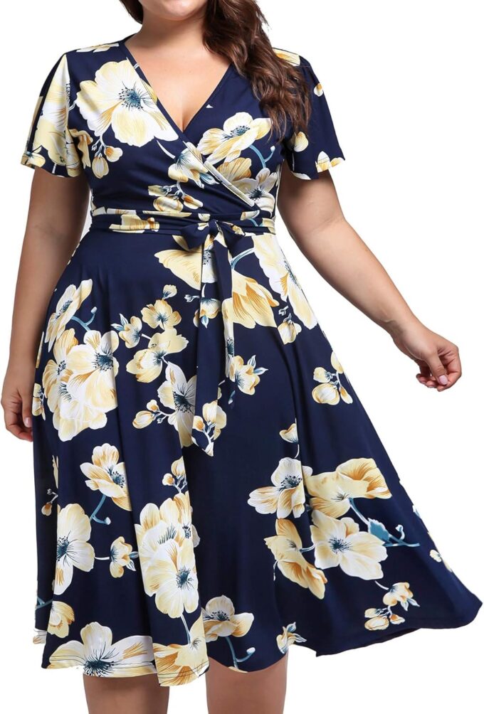 kissmay Plus Size Womens V Neck Floral Cocktail Party Midi Dresses with Pocket