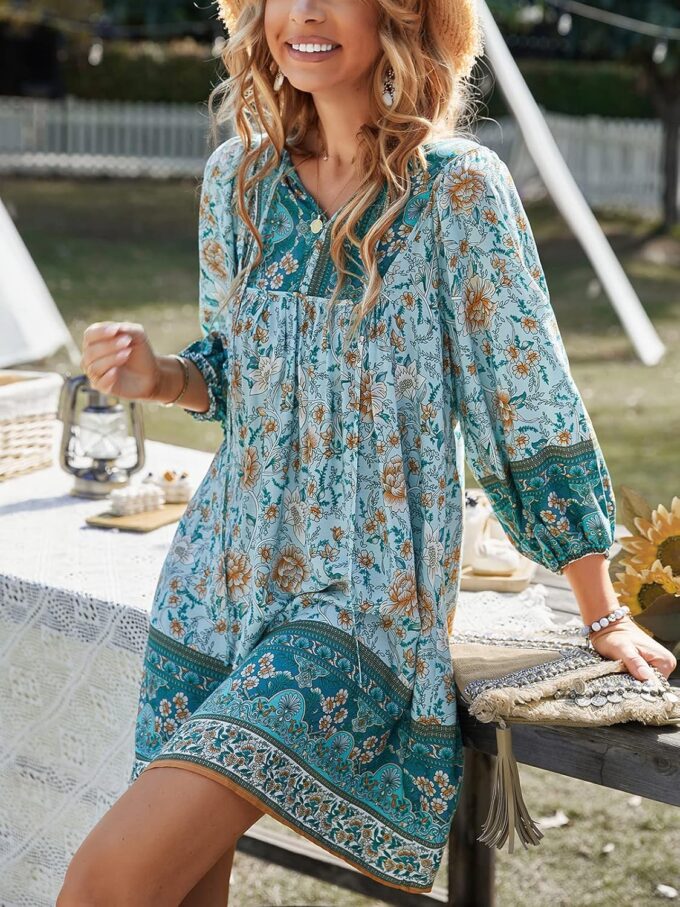 TEMOFON Women's Boho Mini Dress: Summer Floral 3/4 Long Sleeve V Neck Flowy Loose Casual Beach Dresses – Bild 2