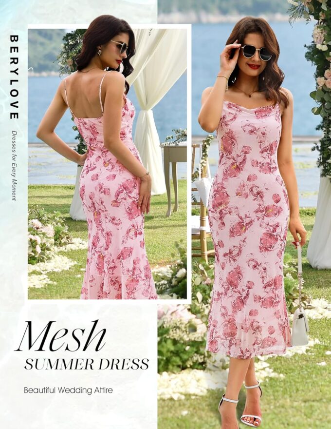 BeryLove Women Summer Floral Mesh Wedding Guest Cocktail Spaghetti Strap Dress – Bild 2