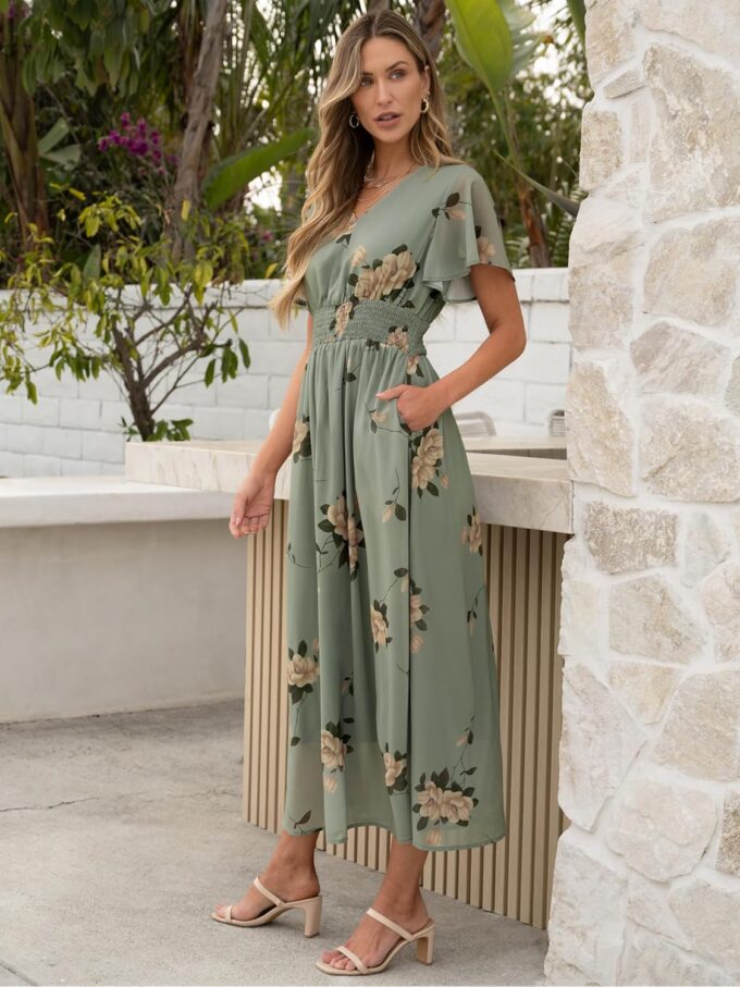 ANRABESS Womens Summer Floral Maxi Dress Casual V Neck Short Sleeve Chiffon Boho Flowy Beach 2025 Wedding Guest Long Dresses – Bild 4