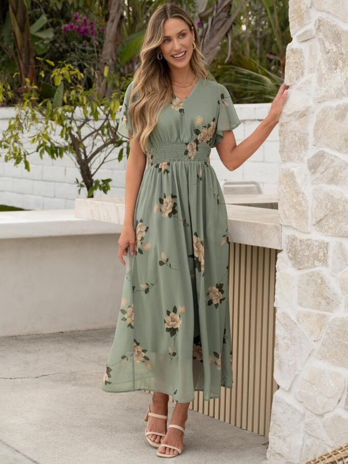ANRABESS Womens Summer Floral Maxi Dress Casual V Neck Short Sleeve Chiffon Boho Flowy Beach 2025 Wedding Guest Long Dresses – Bild 2