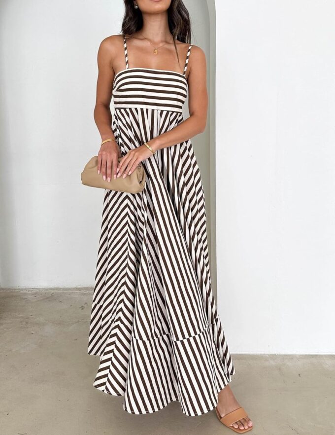NUFIWI Women Summer Striped Maxi Dress Spaghetti Strap Cutout Ruffle Long Dress Flowy Swing Beach Vocation Dress – Bild 4