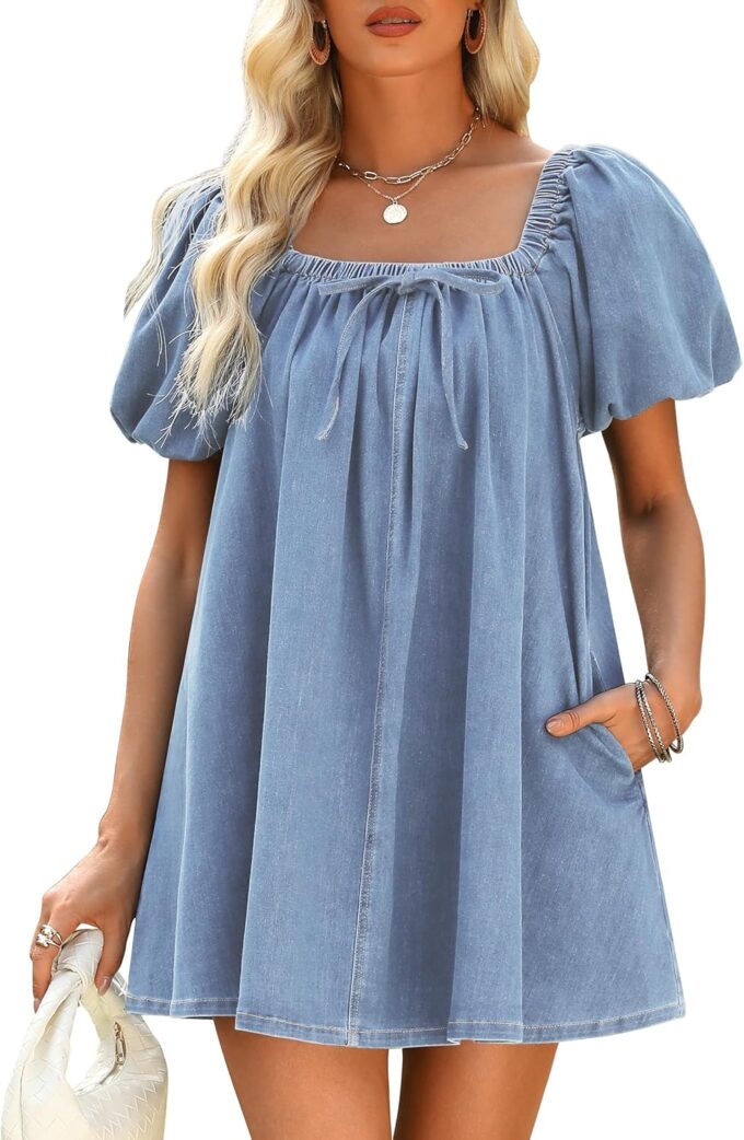 Denim Dress for Women, Puff Short Sleeve Jean Dress Square Neck Denim Romper with Pockets – Bild 2
