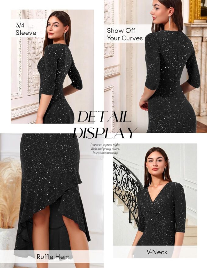 BeryLove Women Formal Wedding Guest Cocktail Sequin Glitter Dress 3/4 Sleeve Midi Evening Gown Prom Party Ruffle Hi Low Dress – Bild 6