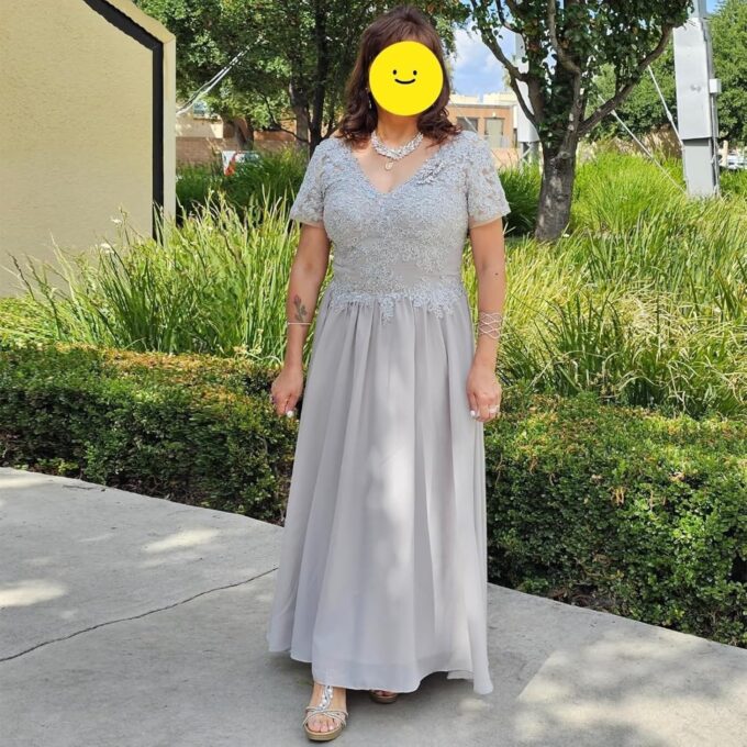 Generisch Teelänge Mutter der Braut Kleider V-Ausschnitt Spitze Applikationen Chiffon Kurzarm Formelle Abendkleider für Frauen – Bild 4