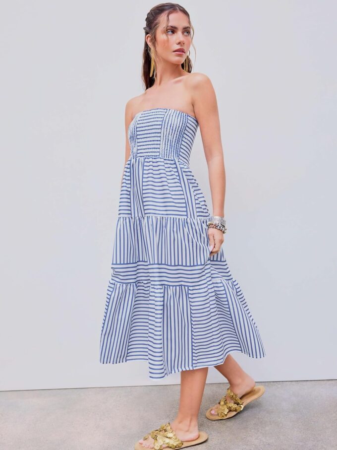 CIDER Womens Casual Dresses Strapless Tube Stripped Shirred A Line Blue Beach Vacation Midi Dress Maxi Skirts – Bild 5
