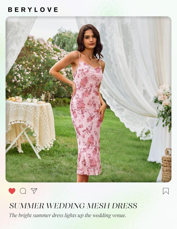 BeryLove Women Summer Floral Mesh Wedding Guest Cocktail Spaghetti Strap Dress – Bild 4
