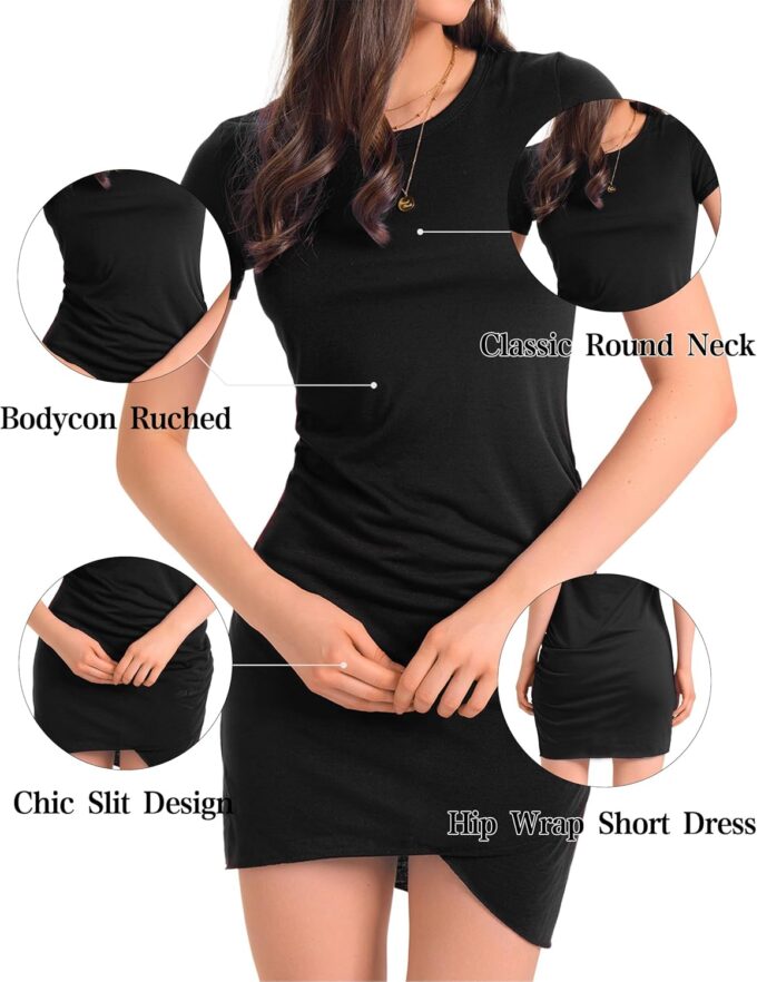 CyperSoul Etuikleid mit Rundhalsausschnitt, kurzärmelig, Stretch, Wickelkleid, Hüftkleid, Taillenfalten unter dem Schlitz, modisches Kleid – Bild 4
