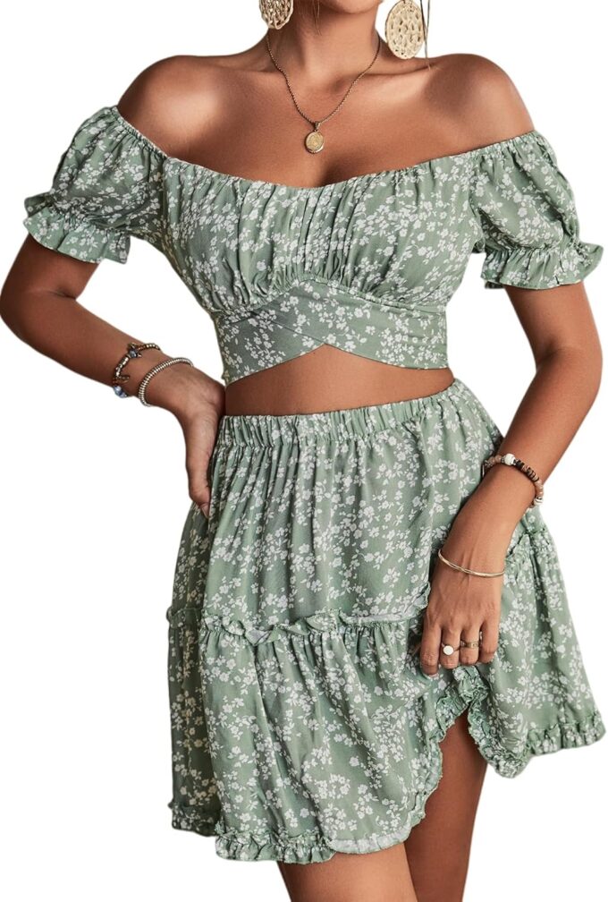 LYANER Women's 2 Piece Outfits Floral Off Shoulder Tie Up Crop Top and Mini Skirt Set – Bild 5