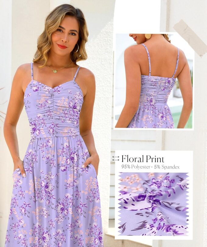 Annebouti Women 2025 Summer Spring Ruched Maxi Dress Adjustable Spaghetti Strap Floral Beach Long Sundress with Pockets – Bild 5