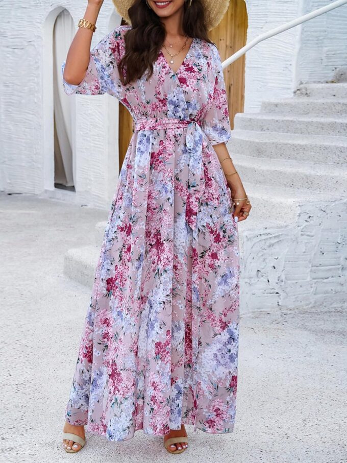 Womens Half Sleeve Wrap V Neck Chiffon Floral Casual Maxi Dress Spring Summer Wedding Guest Dresses for Women 2025 – Bild 3