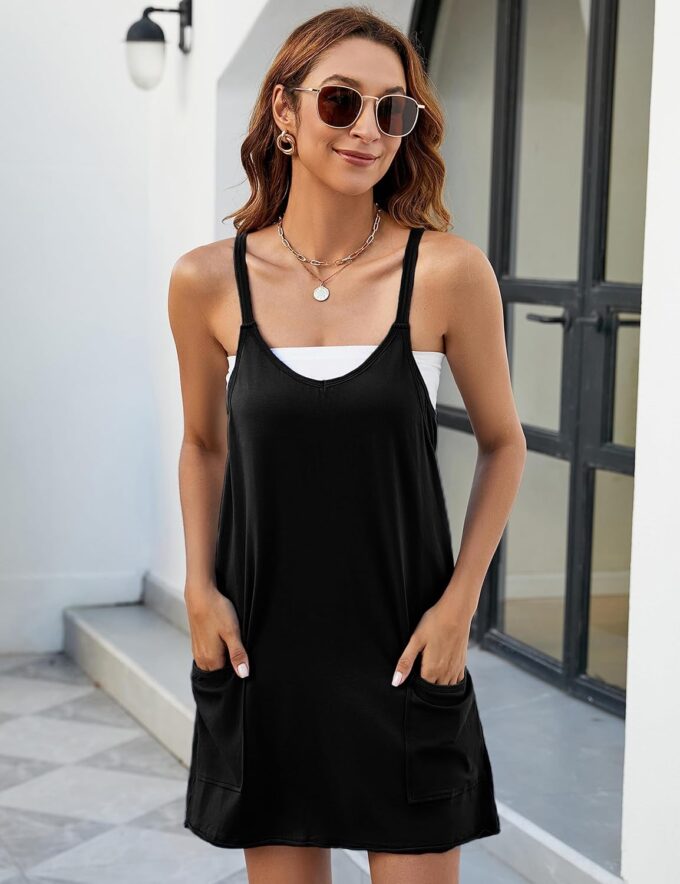 Yidarer Womens Summer Athletic Mini Dress Sleeveless Spaghetti Strap Built-in Shorts V Neck Sundress with Pockets – Bild 7