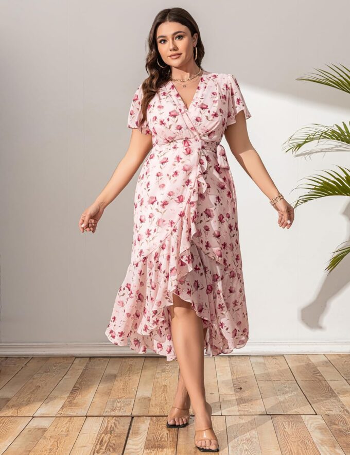 Women’s 2025 Floral Summer Dress Wrap V Neck Plus Size Boho Belted Ruffle Hem Flowy Maxi Dresses – Bild 4