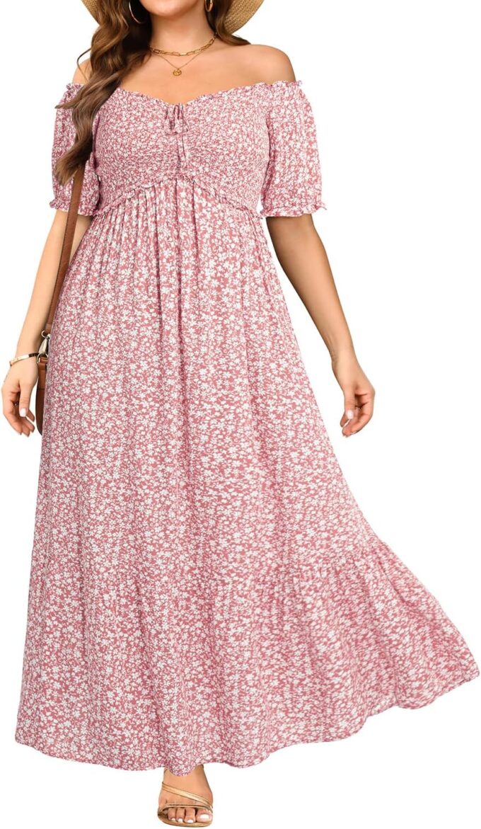 Plus Size Sun Dresses Women - Summer Off The Shoulder Puff Sleeve A Line Boho Maxi Flow Long Dress 2025
