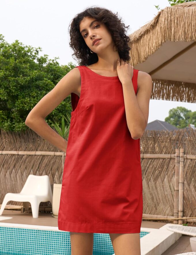 Womens Summer Crew Neck Sleeveless Open Back Dress Casual Beach Sunshine Cotton Linen Mini Dress – Bild 2