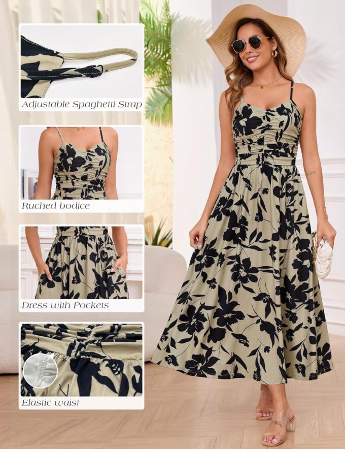 Annebouti Women 2025 Summer Spring Ruched Maxi Dress Adjustable Spaghetti Strap Floral Beach Long Sundress with Pockets – Bild 5