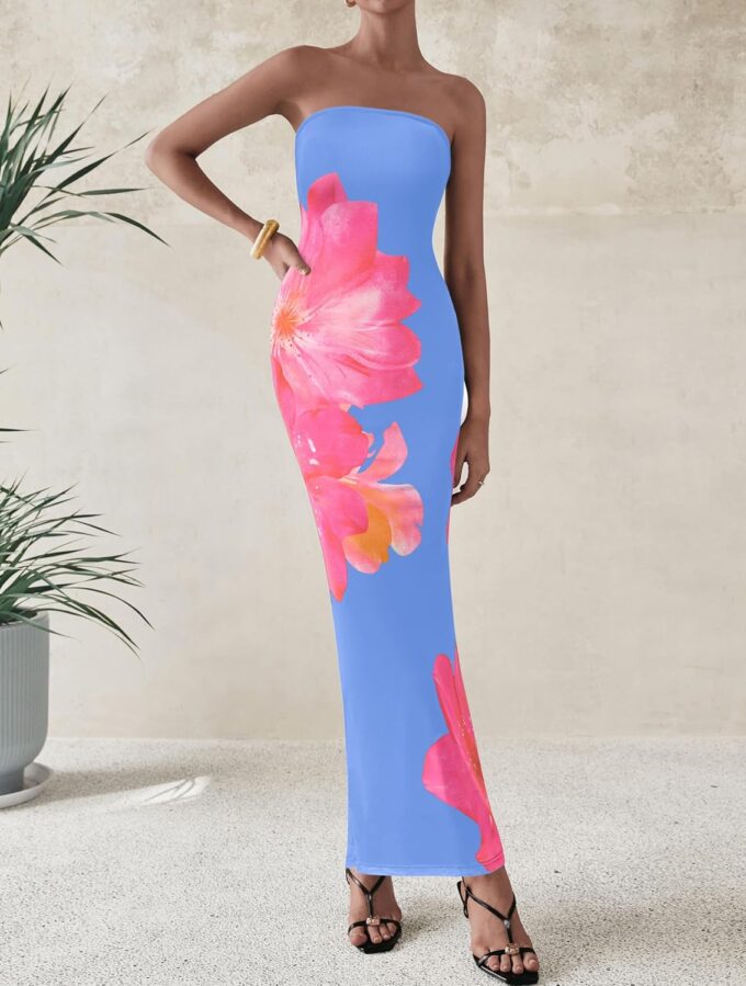 PRETTYGARDEN Women Summer Strapless Maxi Dress Bodycon Floral Sexy Long Wedding Guest Dress Formal Tube Mesh Cocktail Dresses – Bild 4