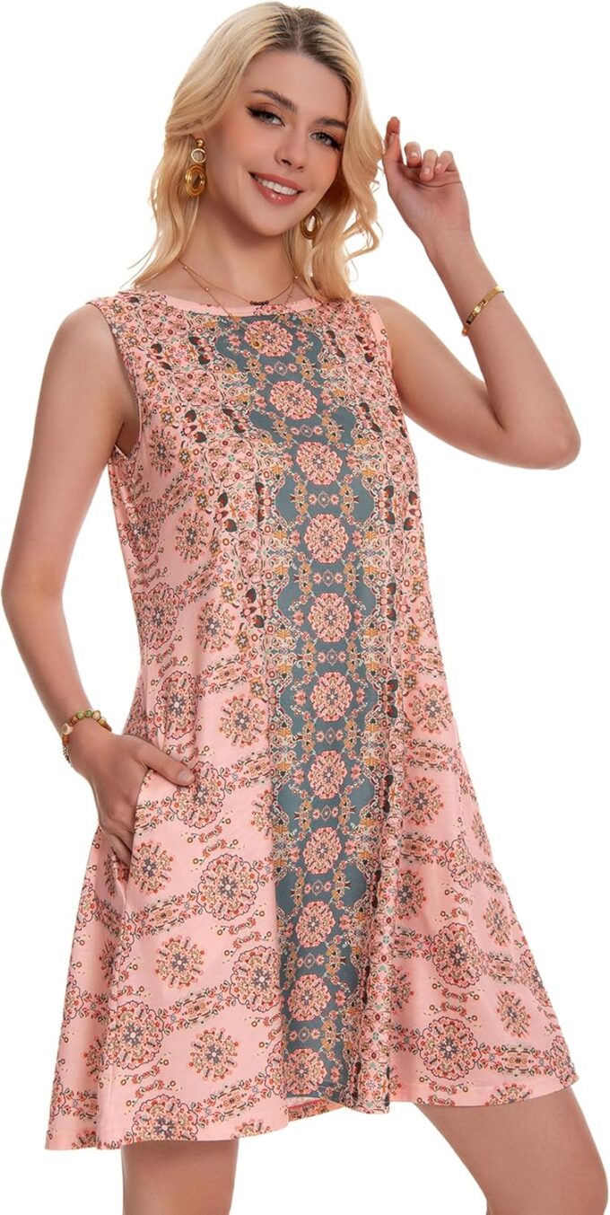 Summer Dresses for Women Beach Boho Sleeveless Vintage Floral Flowy Pocket Tshirt Tank Sundresses – Bild 2
