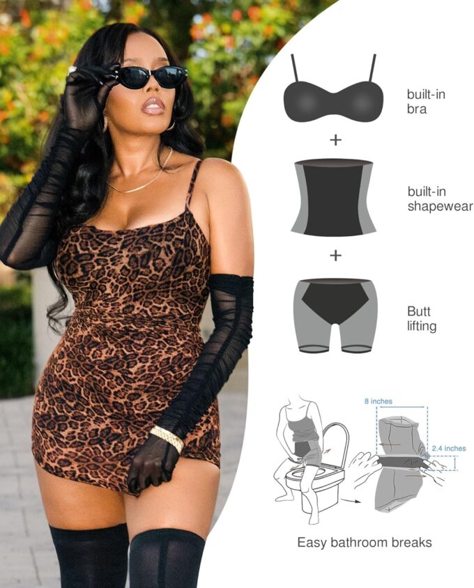 Popilush Leopard Print Dress with Built in Shapewear Spaghetti Strap Mini Dresses Mesh Ruched Bodycon Summer Splash – Bild 3
