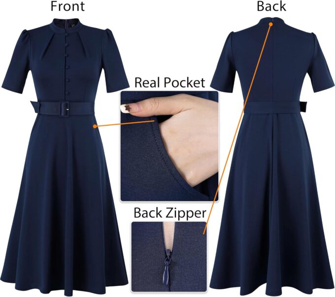 VFSHOW Damen-Kleid 2024, Business-, Arbeits-, Büro-, Taschen-, Gürtelknöpfe, elegante Passform und ausgestelltes A-Linien-Kleid – Bild 6