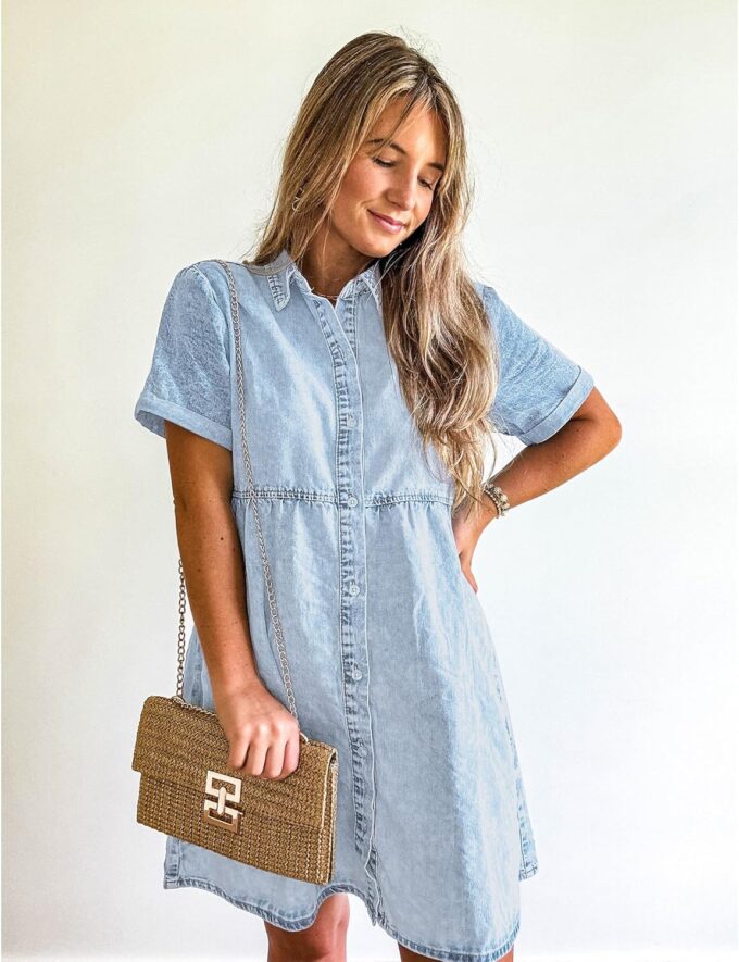 GRAPENT Denim Dress for Women Babydoll Tiered Short Sleeve Button Down Jean Shirt Dresses – Bild 4