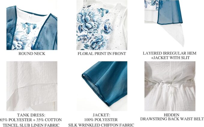 Honwenle Women's Linen Dress 2 Piece Outfit Floral Sleeveless Loose Maxi Summer Dresses with Jacket Formal Casual – Bild 5