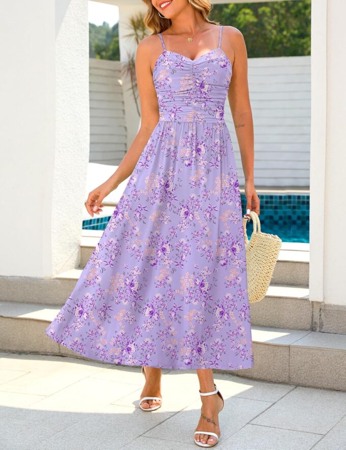 Annebouti Women 2025 Summer Spring Ruched Maxi Dress Adjustable Spaghetti Strap Floral Beach Long Sundress with Pockets – Bild 2