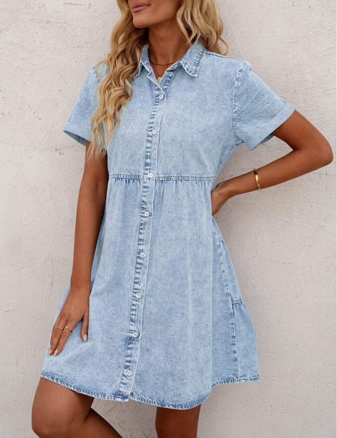 GRAPENT Denim Dress for Women Babydoll Tiered Short Sleeve Button Down Jean Shirt Dresses – Bild 3