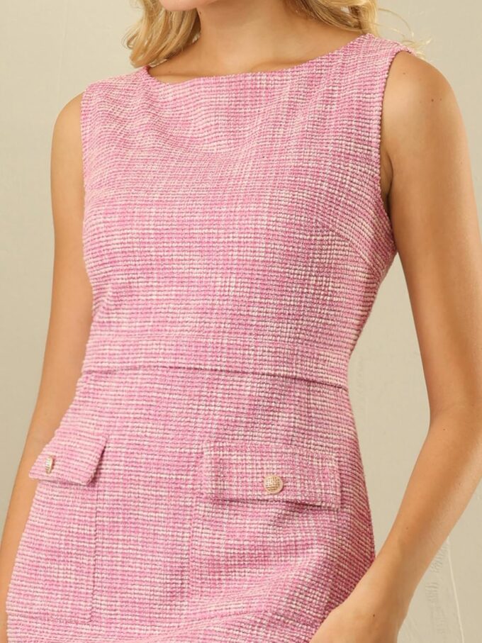 Hobemty Damen Ärmelloses Tweed-Kleid U-Boot-Ausschnitt Arbeit Büro Etuikleider – Bild 4