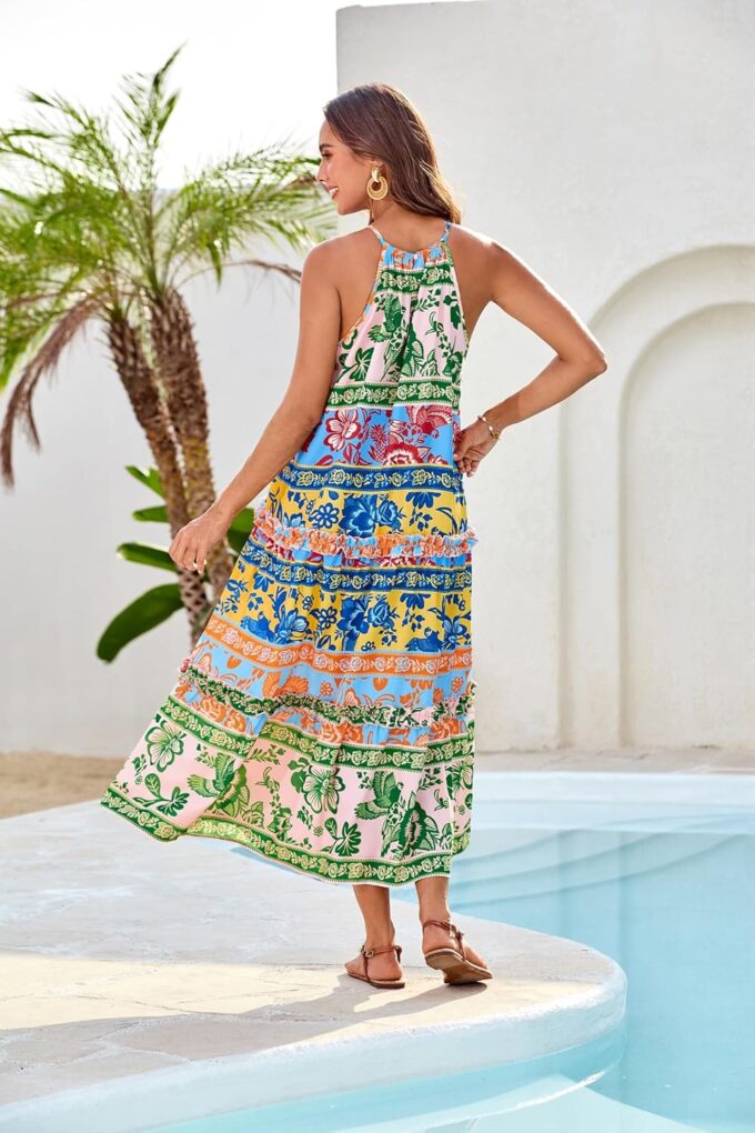 GRACE KARIN Women's Maxi Boho Dress Casual Summer Loose Long Floral Sundresses Flowy Halter Tiered Beach Vacation Outfits – Bild 4