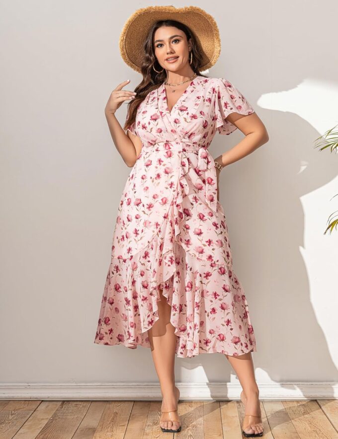 Women’s 2025 Floral Summer Dress Wrap V Neck Plus Size Boho Belted Ruffle Hem Flowy Maxi Dresses – Bild 6