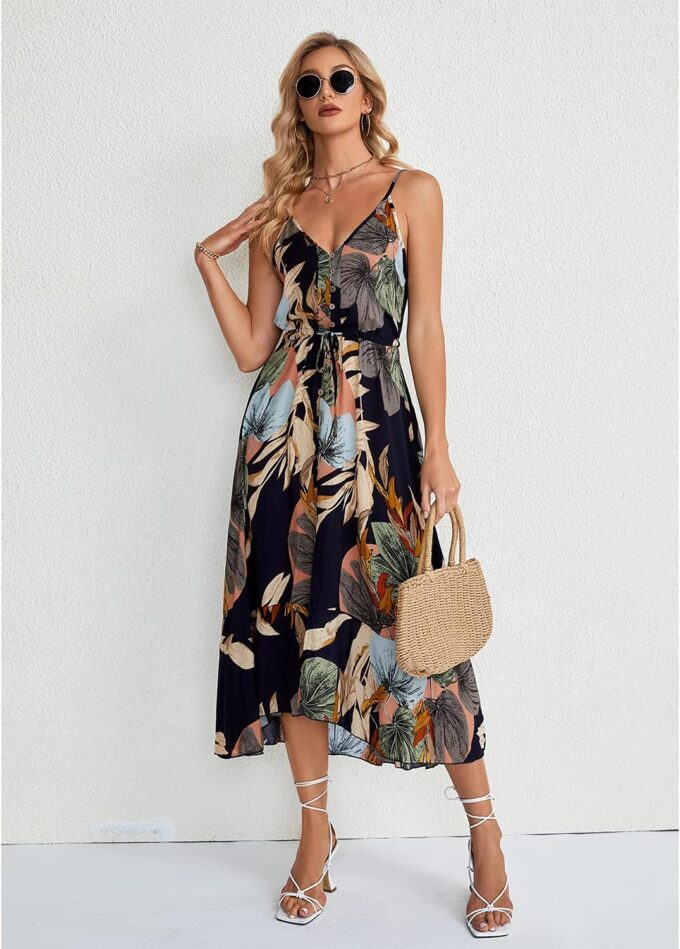 BROVAVE Women's 2025 Summer Casual Boho Sundress Polka Dot Spaghetti Strap V Neck Flowy Midi Dresses – Bild 3