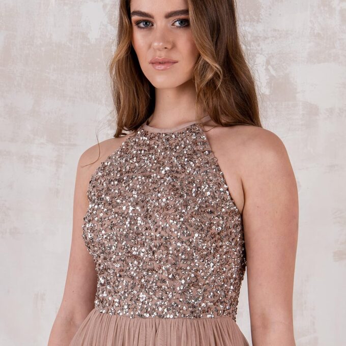 Maya Deluxe Damen Maxikleid Brautjungfer Neckholder Pailletten Verziert Abschlussball Hochzeit Dleider für Besondere Anlässe Bridesmaid Dress – Bild 3