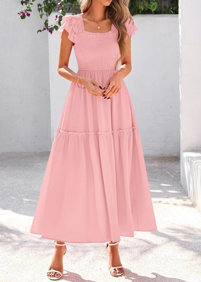 KIRUNDO Womens Summer Wedding Guest Dress 2025 Smocked Ruffle Flutter Short Sleeve Square Neck Flowy Tiered Midi Sundress – Bild 6