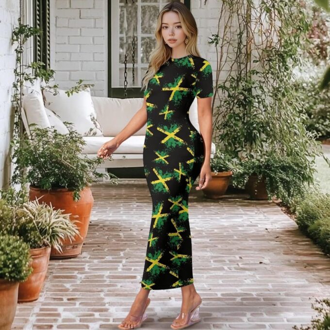 Hdjxbdhsv Kurzärmeliges Damenkleid mit Jamaika-Flagge, figurbetontes Midi-Kleid, lässig, Rundhalsausschnitt, langes Kleid, Übergröße – Bild 4