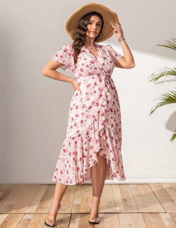 Women’s 2025 Floral Summer Dress Wrap V Neck Plus Size Boho Belted Ruffle Hem Flowy Maxi Dresses – Bild 3